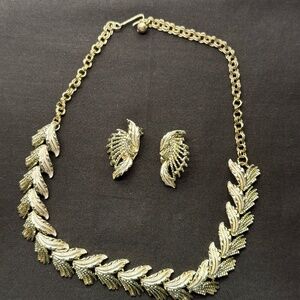Judy Lee Vintage Two-Tone Gold & Silver Leaf  16.75" Necklace Clip Earrings Set